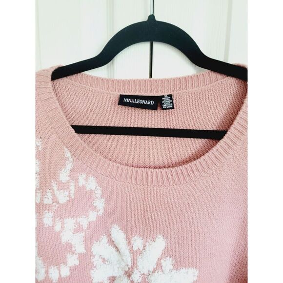 Nina Leonard XL Sweater Heavy Knit Pink White Snowflake Stretch L/S Round Neck - Picture 5 of 8